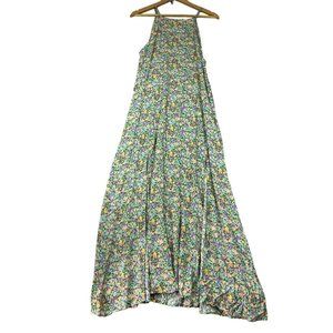 Silk & Salt Double Leg Slits Bouquet Floral Maxi Dress Size PL Green Halter NWT